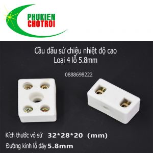 Cầu đấu sứ chịu nhiệt 4 lỗ phi 5.8mm 32x28x20mm