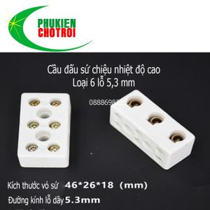 Cầu đấu sứ chịu nhiệt 6 lỗ phi 5.3mm 46x26x18mm